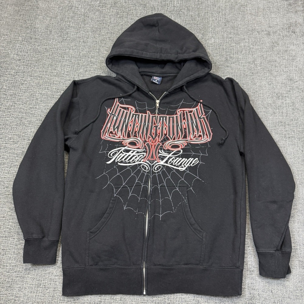 Huntington Ink Tattoo Lounge Hoodie Men's Medium Black Grunge Spider Web - Picture 2 of 7